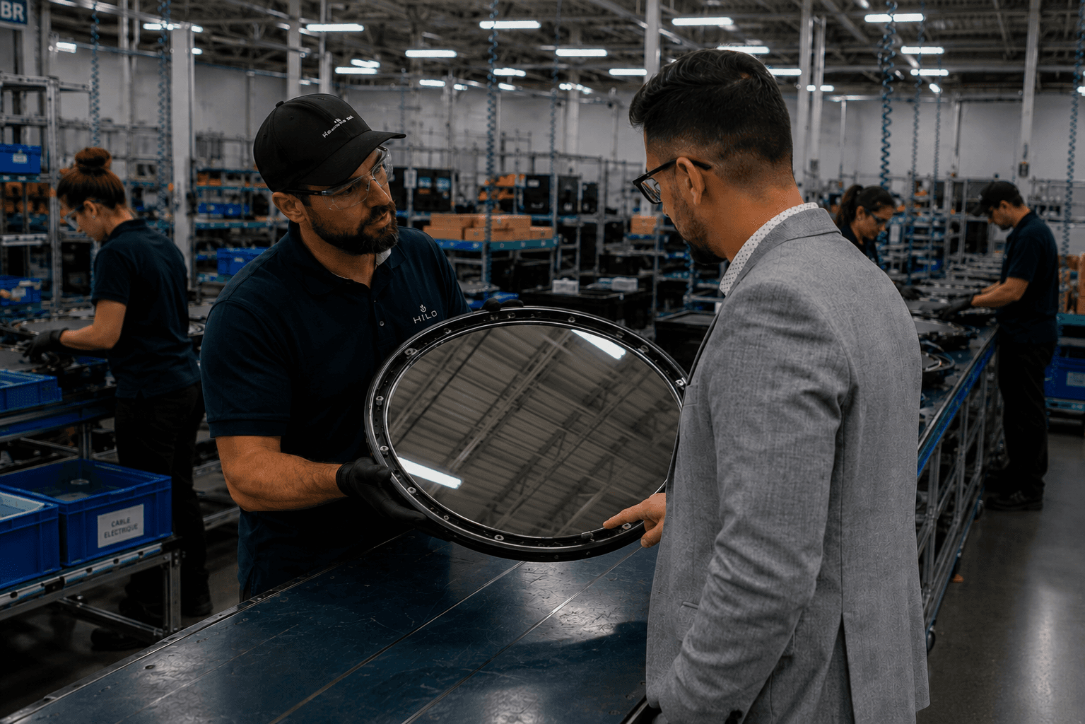 Hilo founder Zack Elorfi inspecting a mirror with a team member during quality control on the production floor