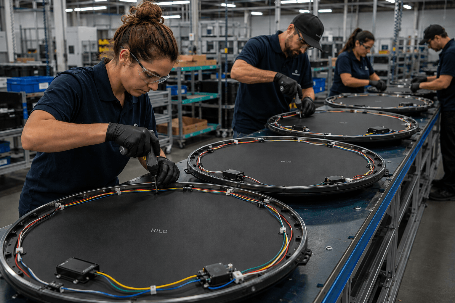 Hilo Mirrors assembly line — employees assembling LED mirror units at the manufacturing facility