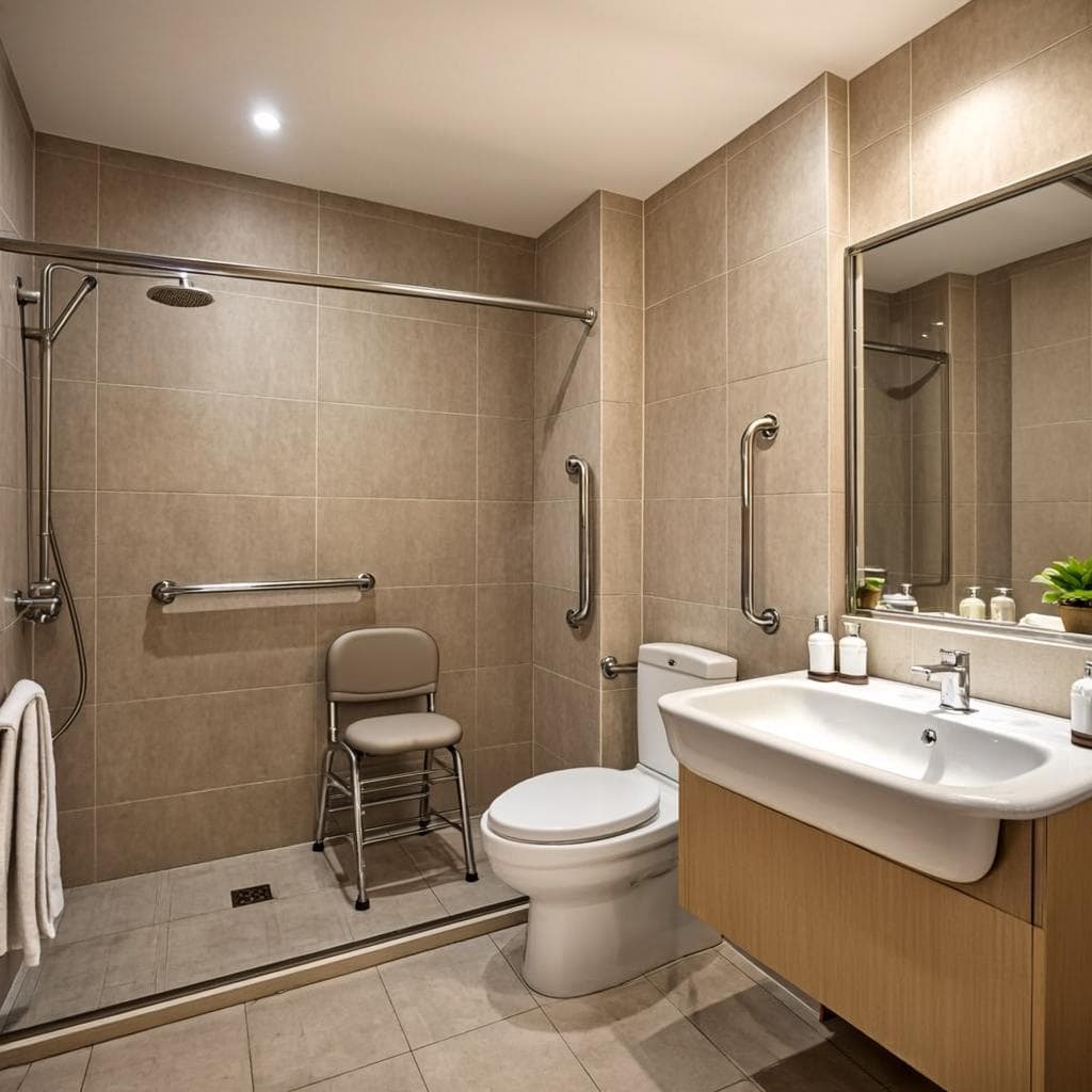 LED mirror in accessible senior living bathroom